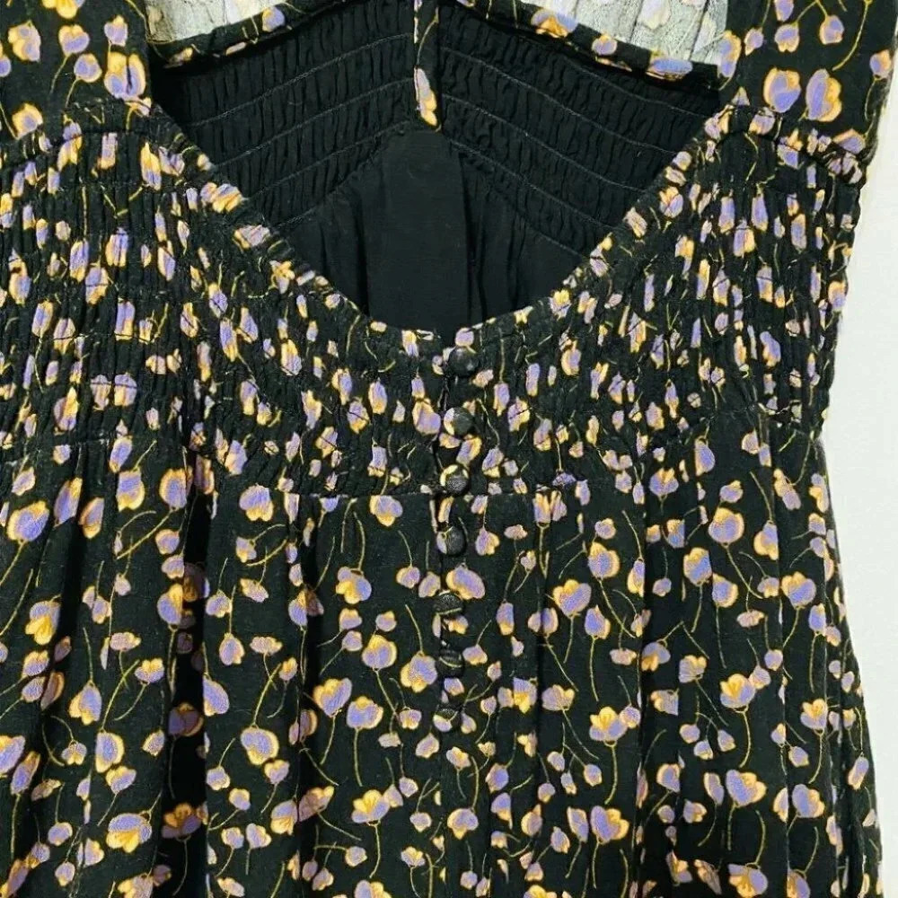 Free People - Dark Blue Open Back Deep V Short Sleeve Floral Dress - Picture 3 of 8